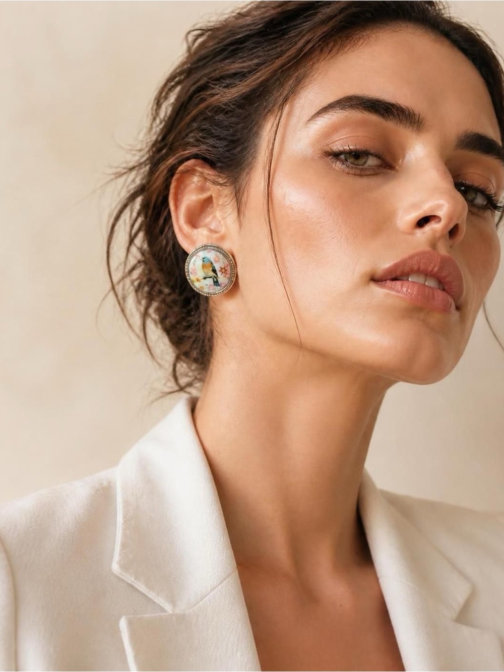Vintage Cream & Yellow Bird Print Statement Earrings – Floral Whimsical